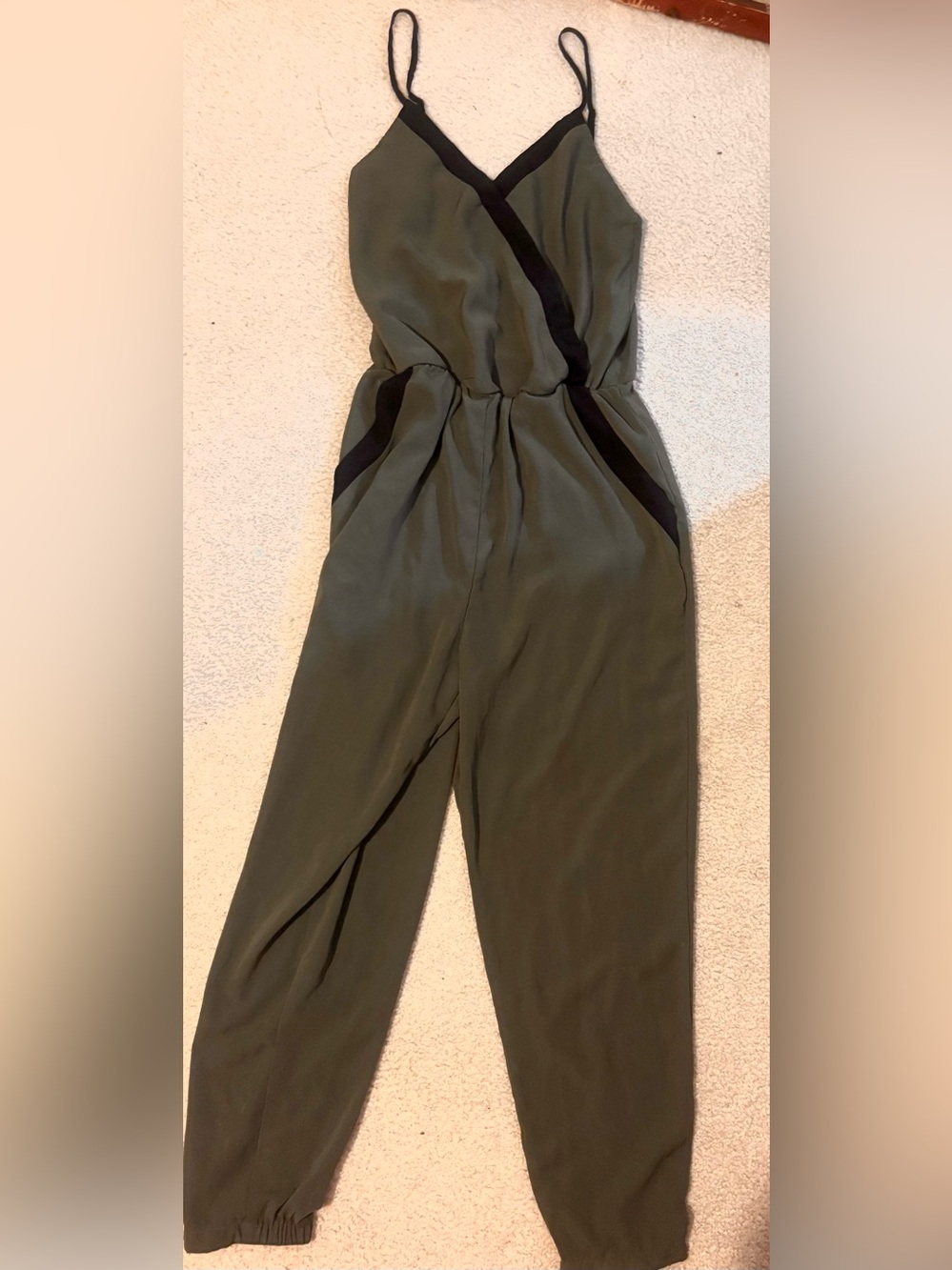 Bar III Olive Green Jumpsuit with Black Accent Trim